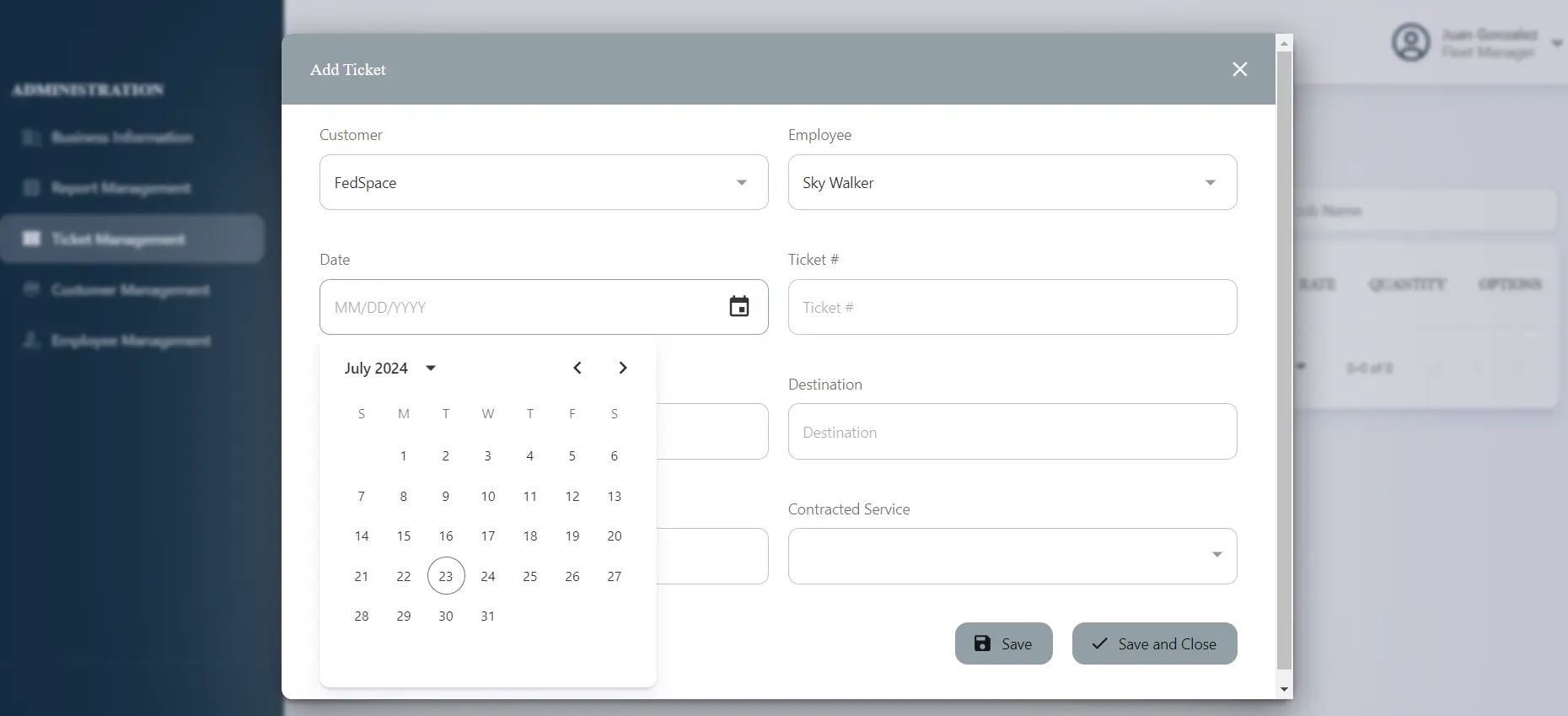 The actual Fleet Manager interface for recording completed work